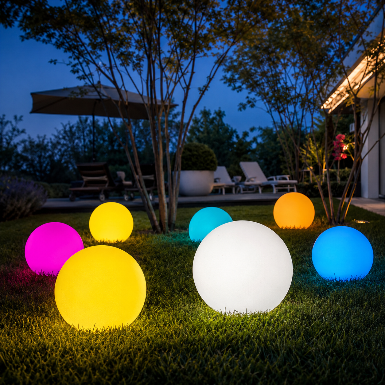 Color-changing glow balls lighting a garden at night