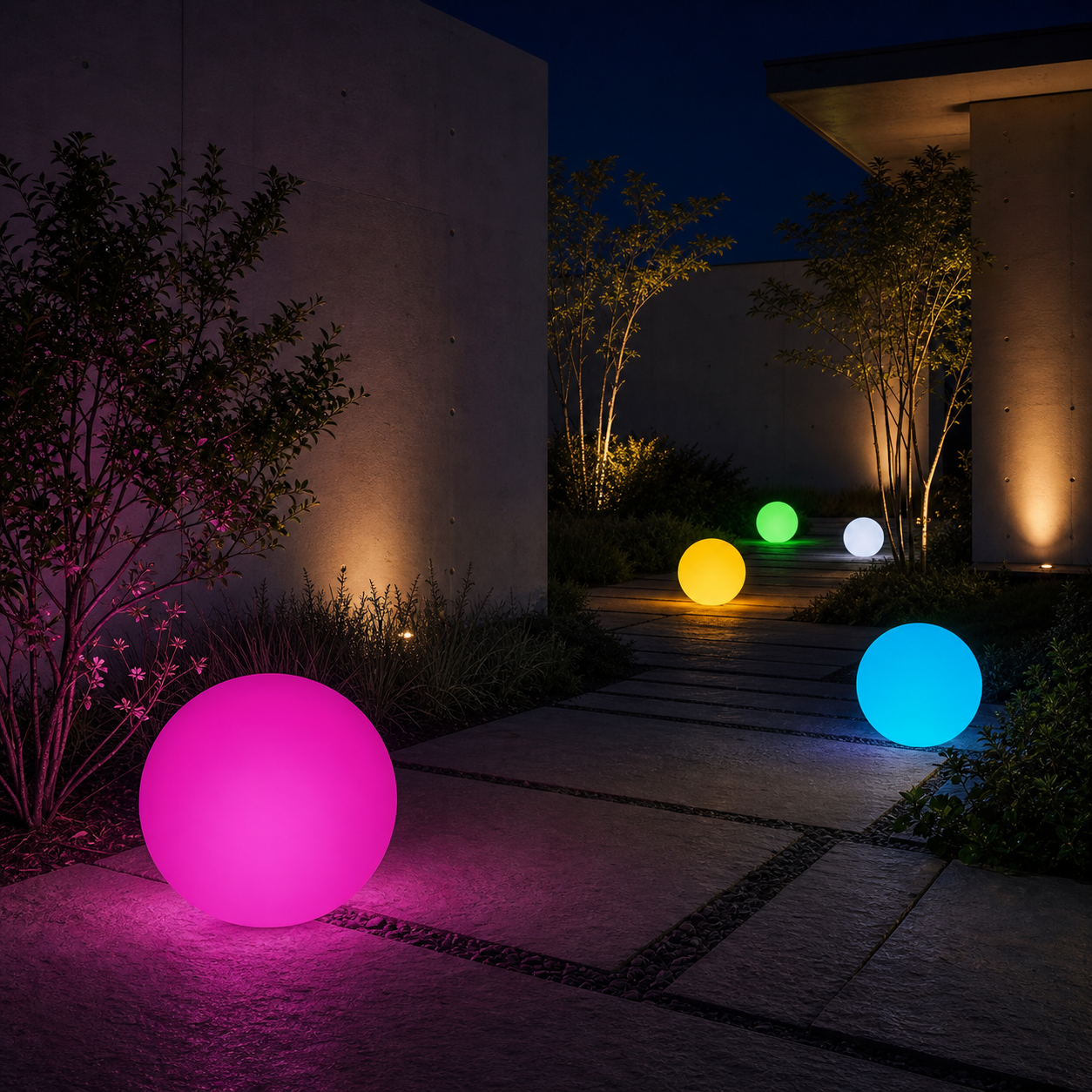 Glow balls tracing a modern courtyard path at night