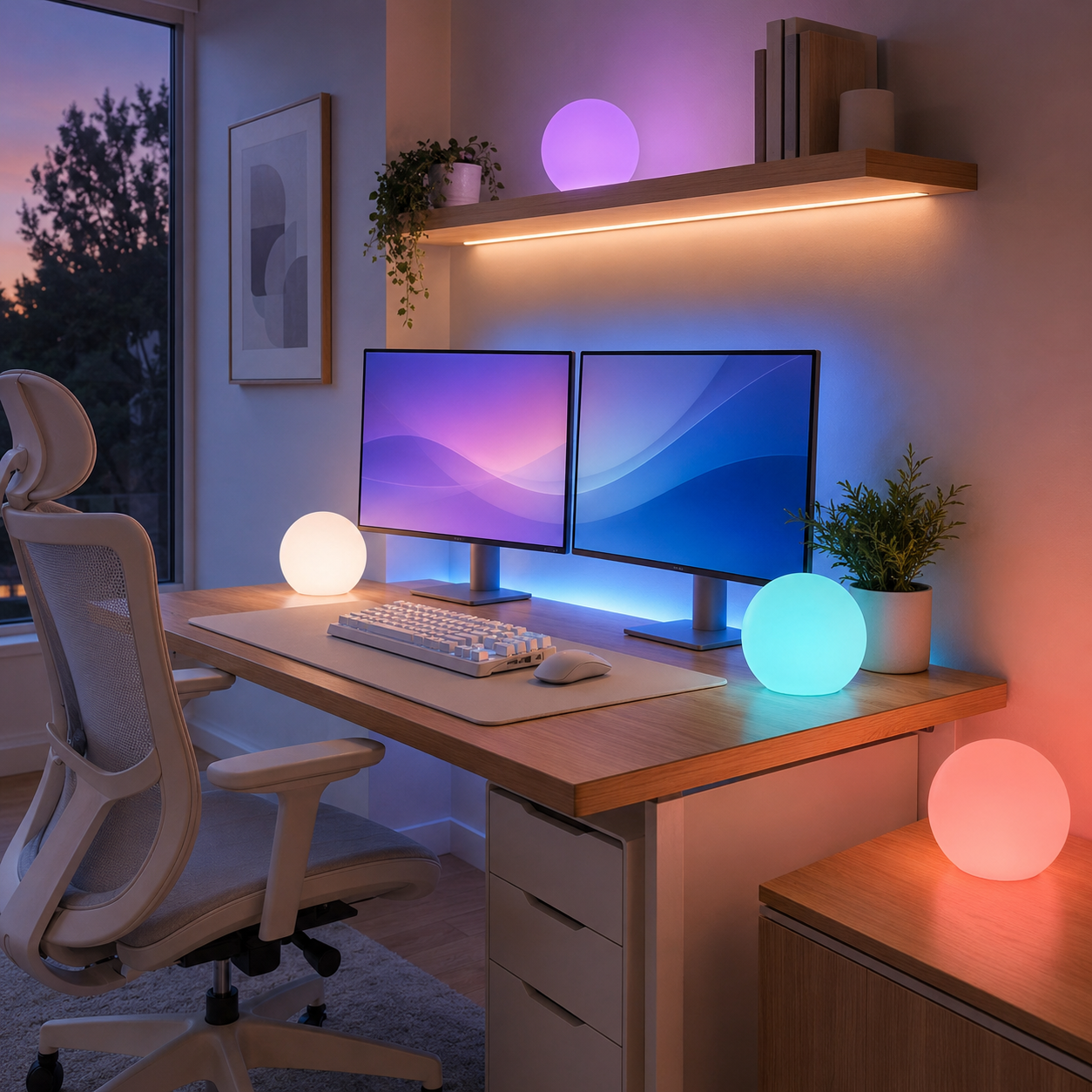 Color-changing glow balls illuminating a modern home office