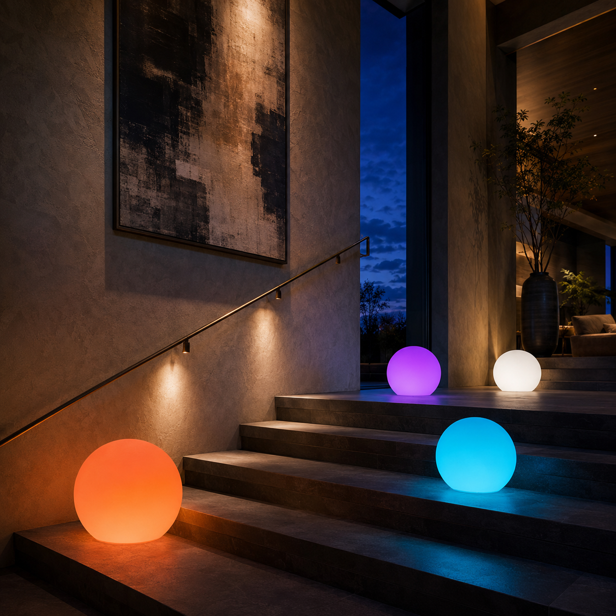 Glow balls lighting a sculptural interior staircase at dusk