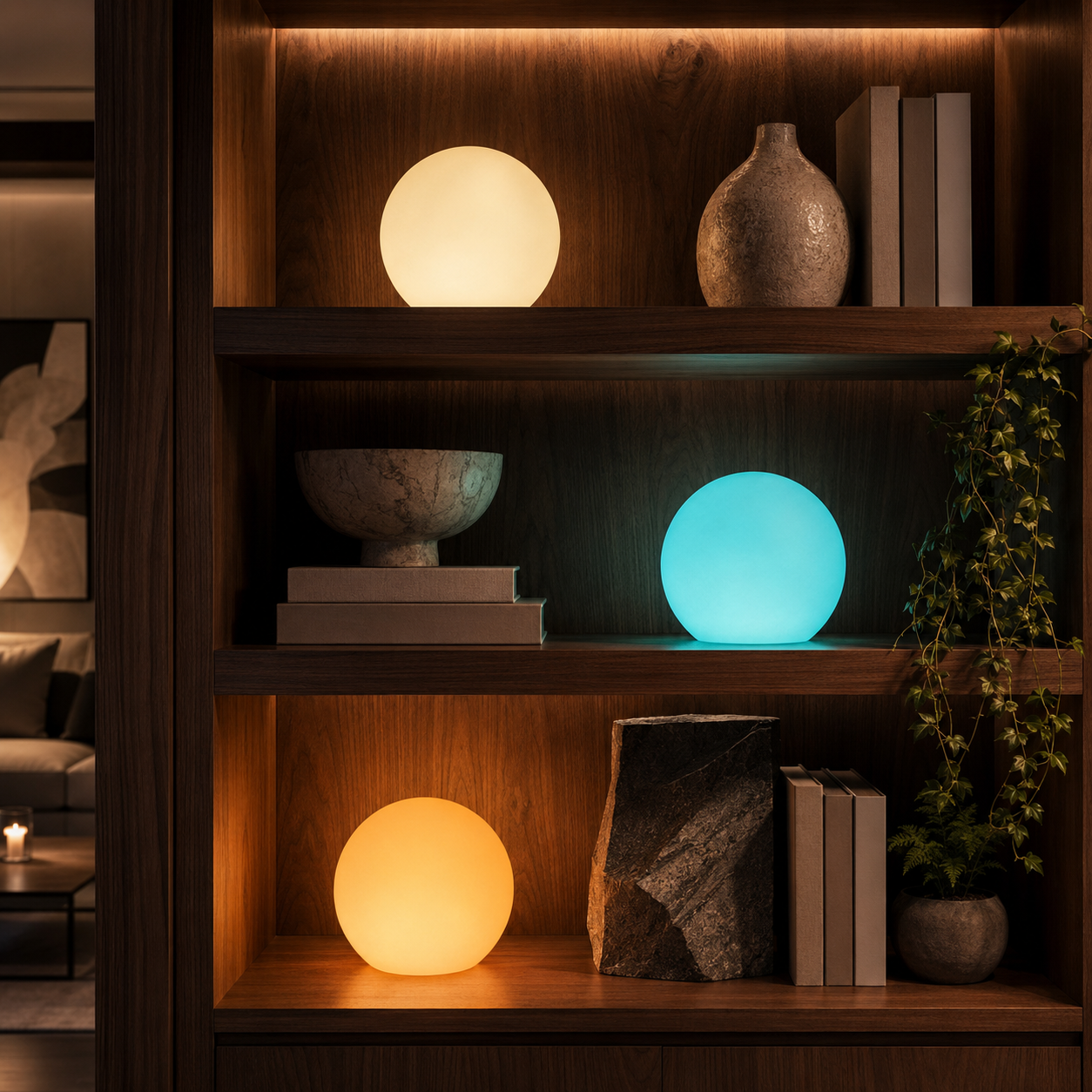 Warm and cool glow balls styled across a dark wood bookshelf