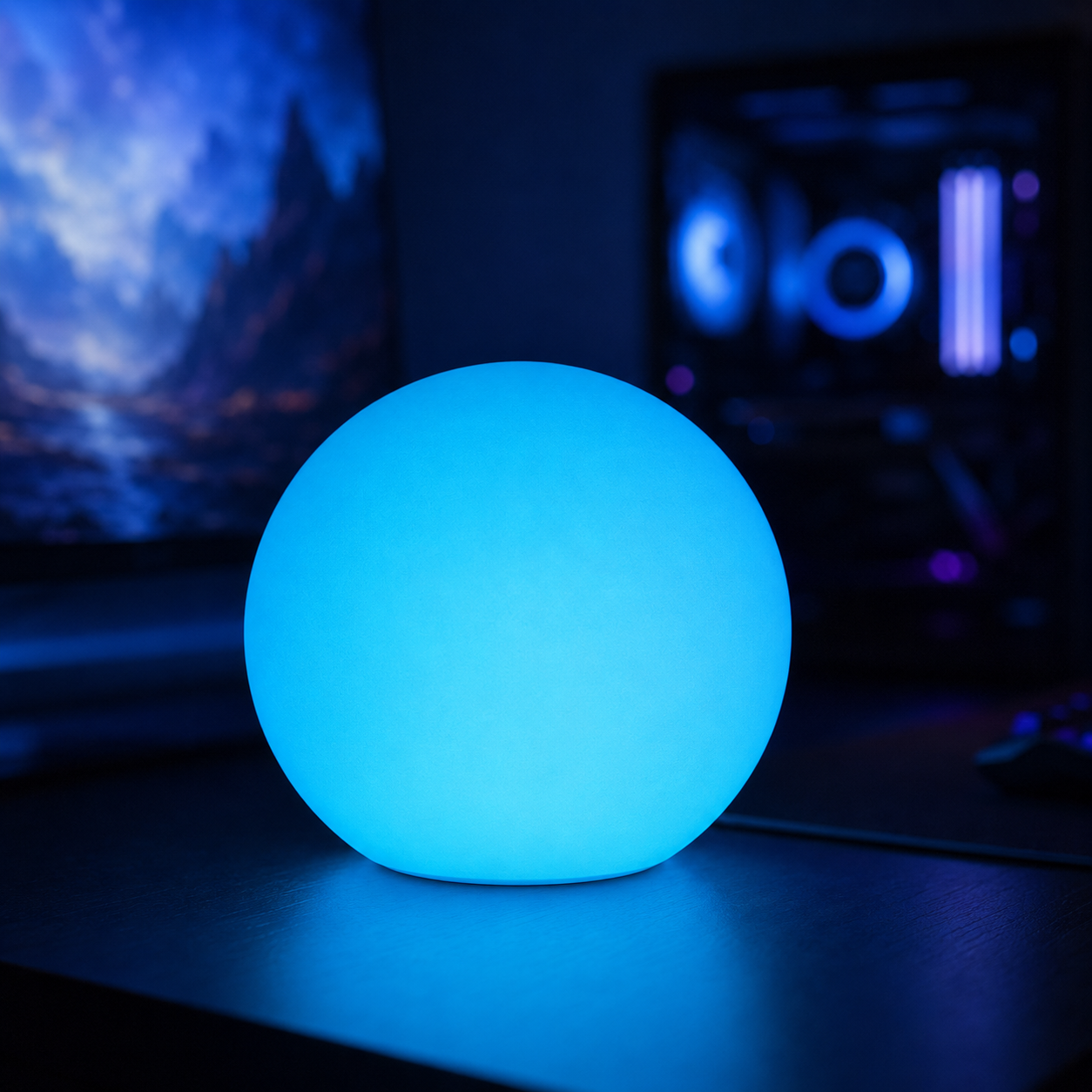 A blue glow orb illuminating a dark gaming desk