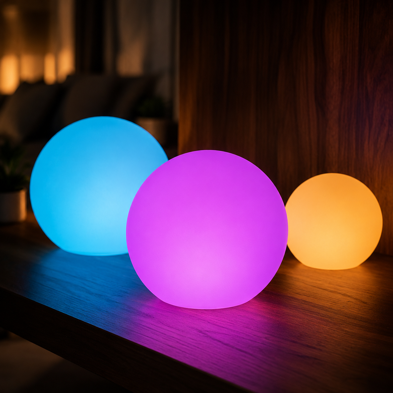 Three blue, violet and amber glow orbs styled on dark wood
