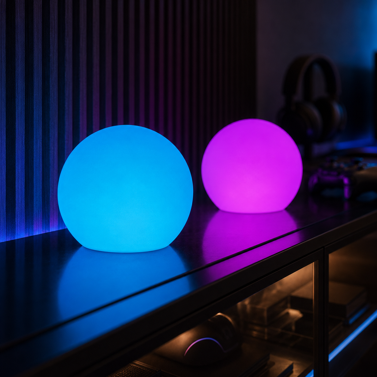 Blue and magenta glow orbs lighting a media room