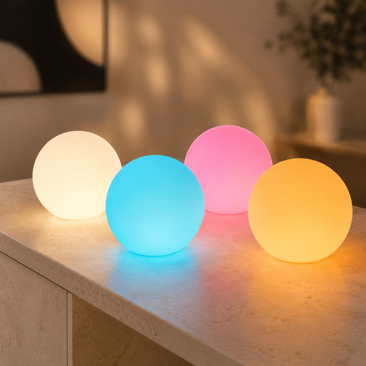 Four colorful glow orbs arranged across a modern stone counter