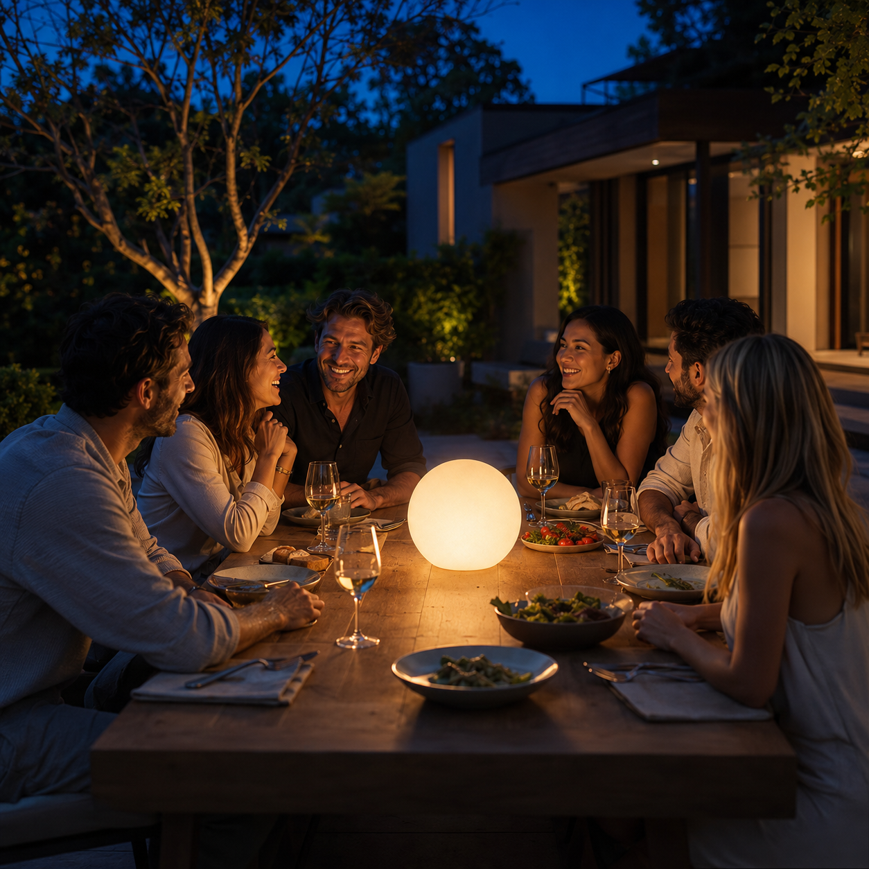 A warm white Glorb lighting an outdoor dinner gathering at night