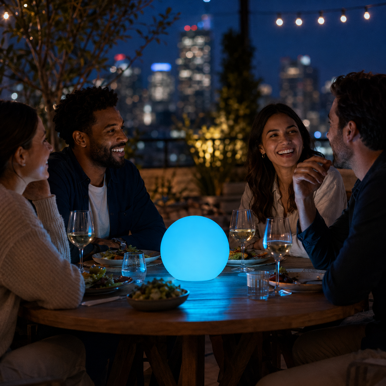 A blue Glorb glowing at the center of a rooftop dinner with friends