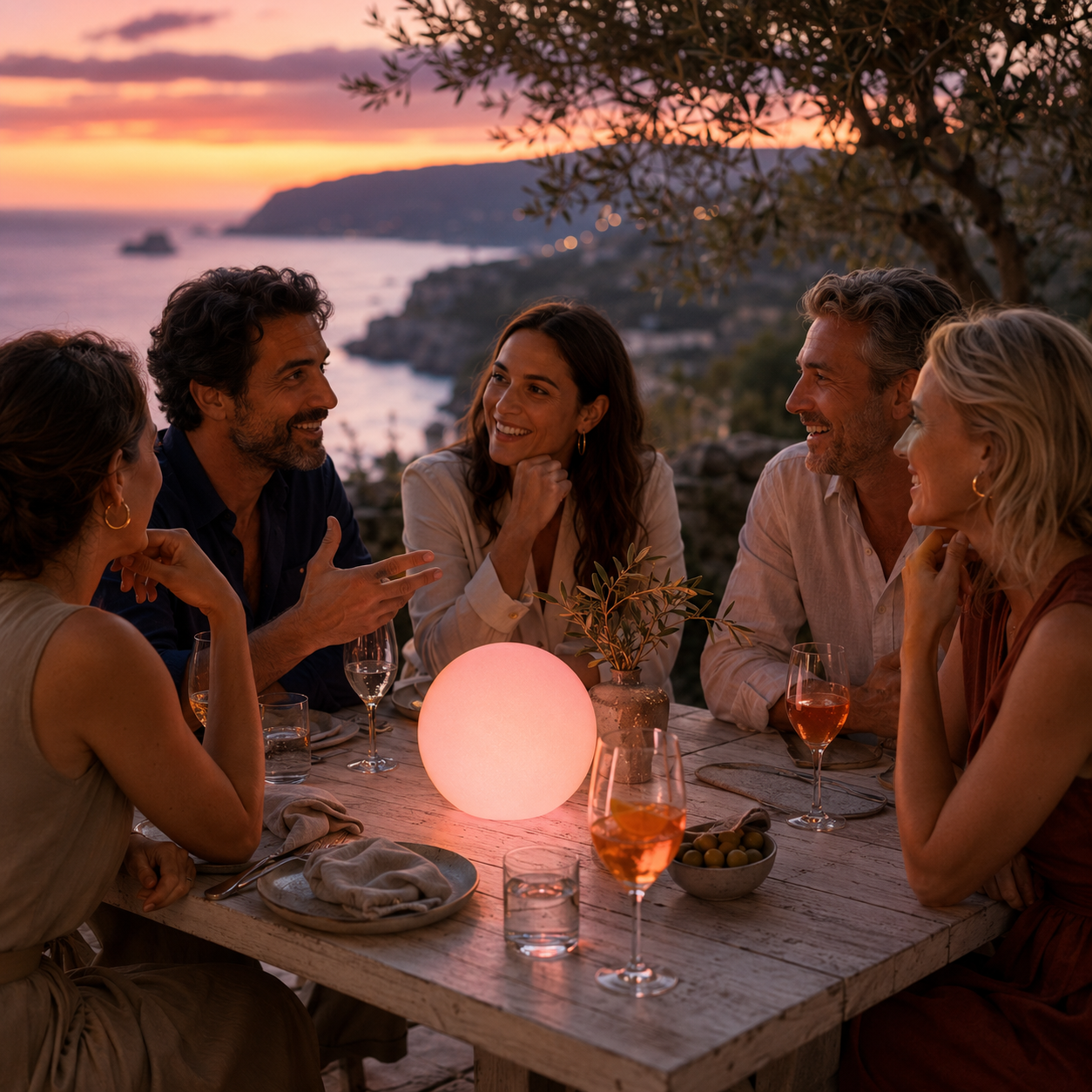 A coral Glorb lighting a dinner with friends at sunset