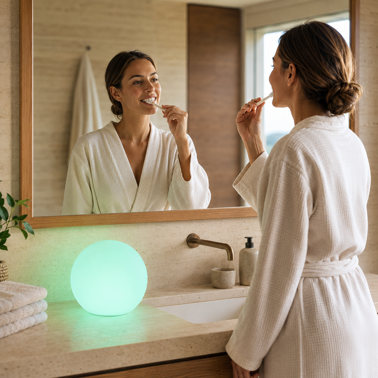 A mint Glorb bringing a soft glow to a modern bathroom