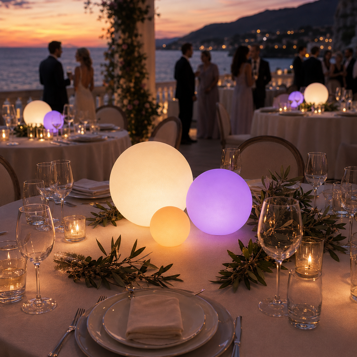 Warm and violet Glorbs styling a sunset wedding table