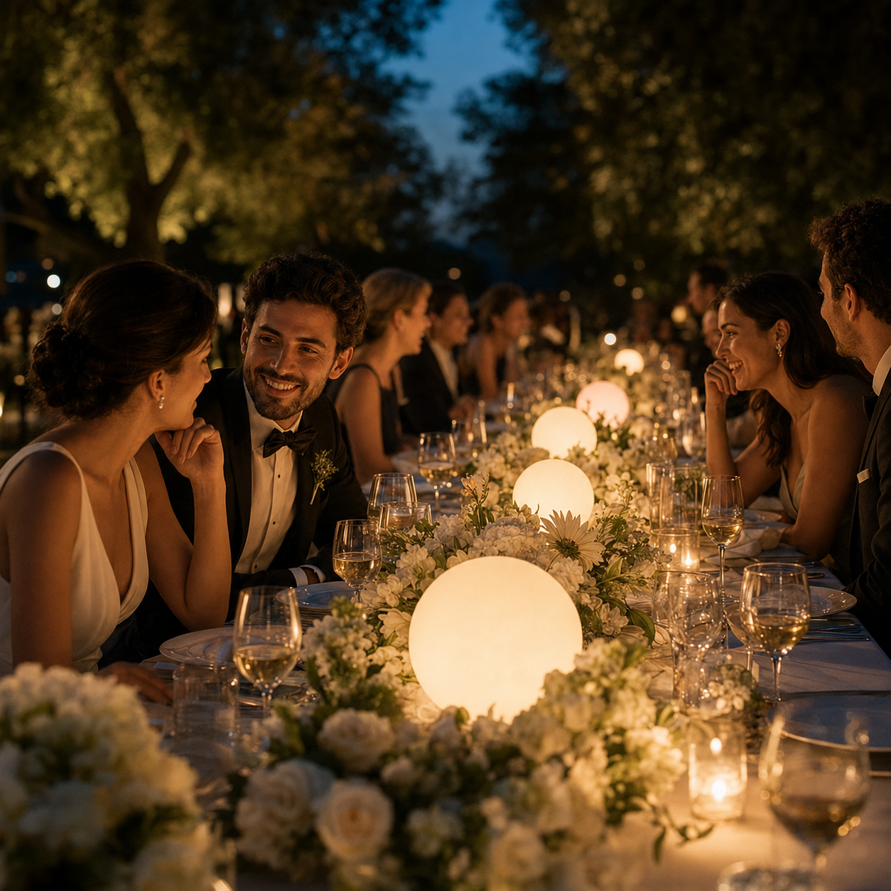 Warm white Glorbs illuminating an elegant outdoor dinner