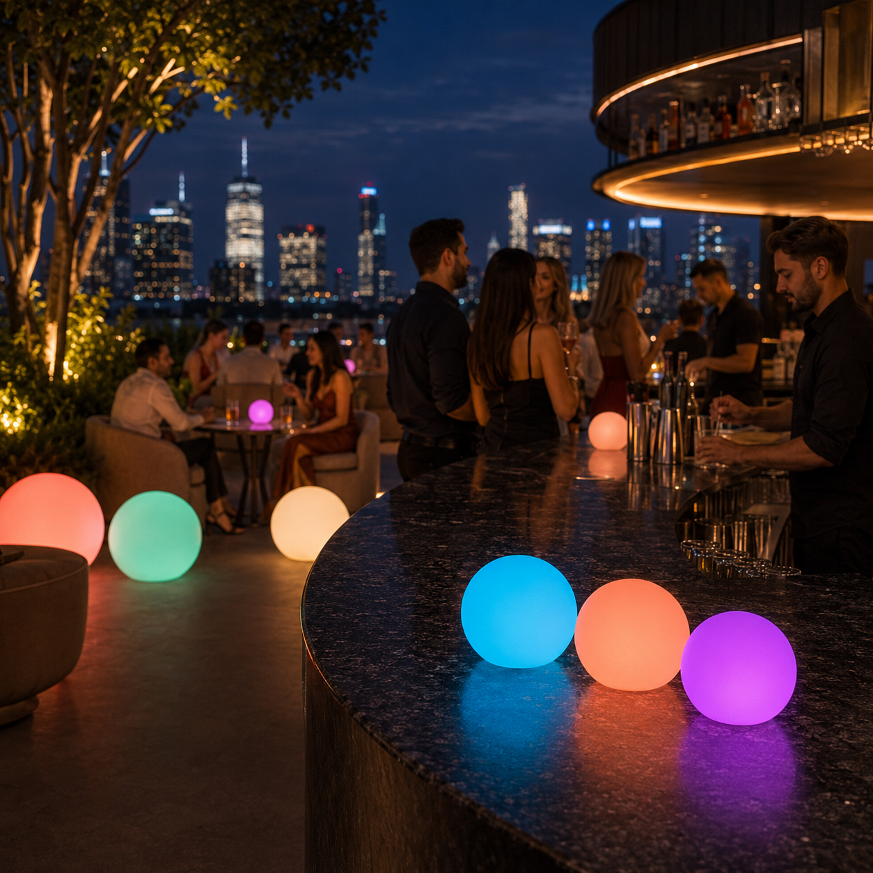 Colorful Glorbs transforming a rooftop bar at night