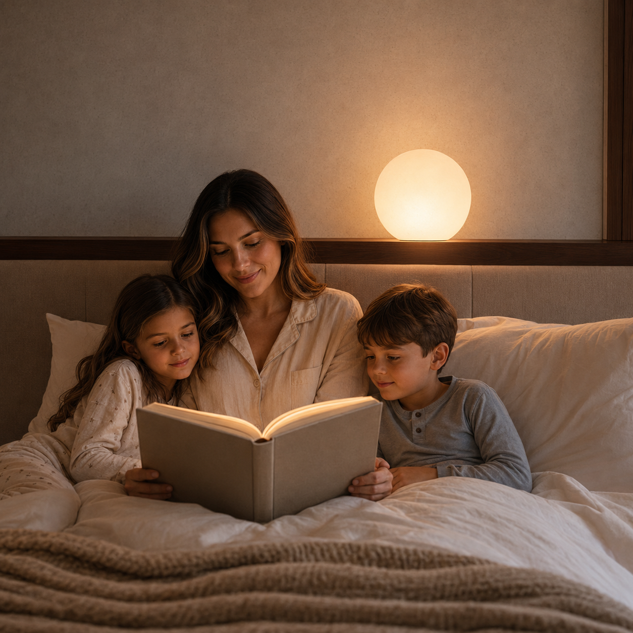 A warm white Glorb lighting a bedtime story for a family