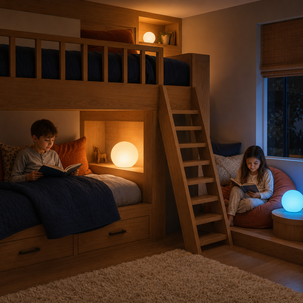 Warm and blue Glorbs lighting a cozy children's bedroom at night