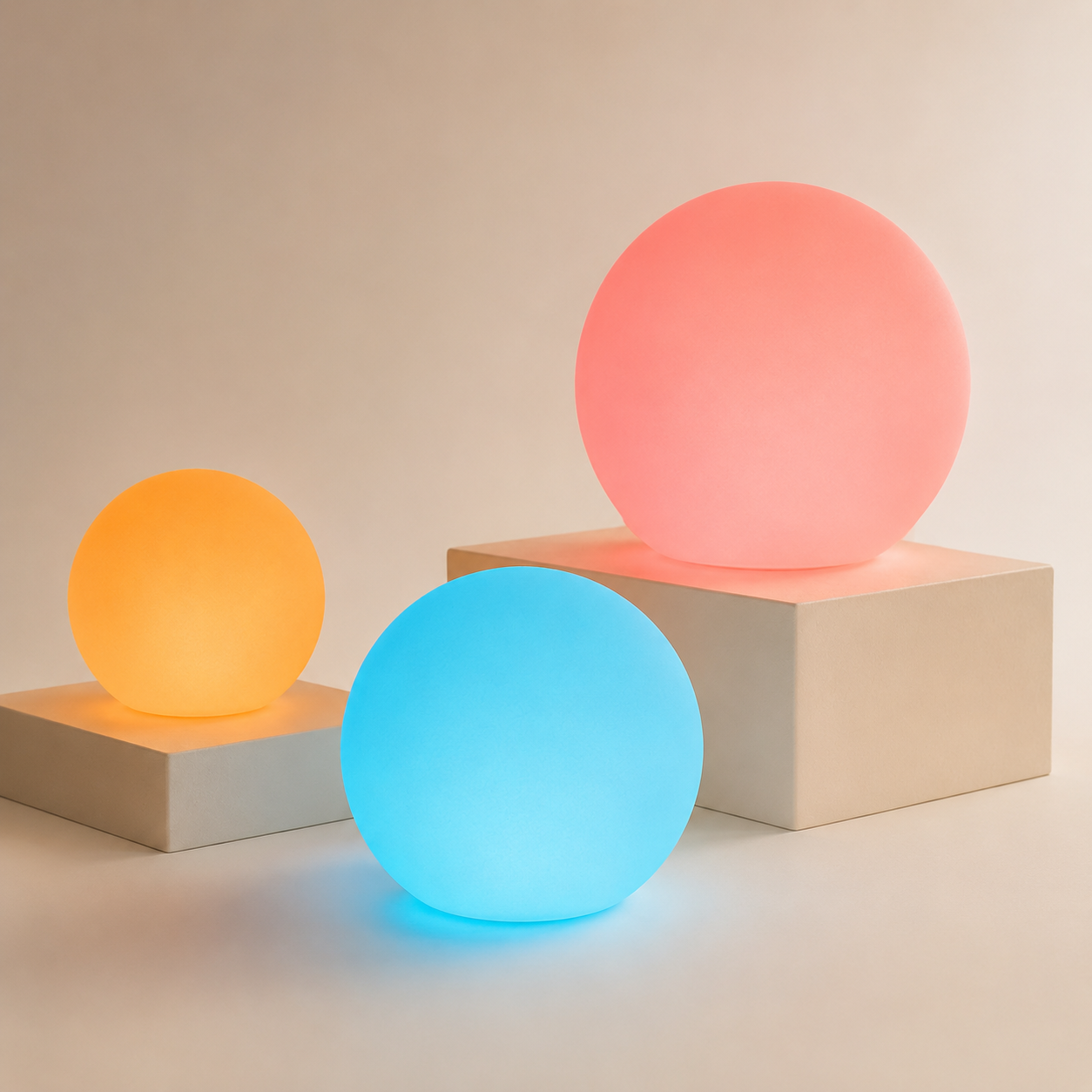 Three color-changing Glorb lamps in orange, blue and coral on modern display blocks