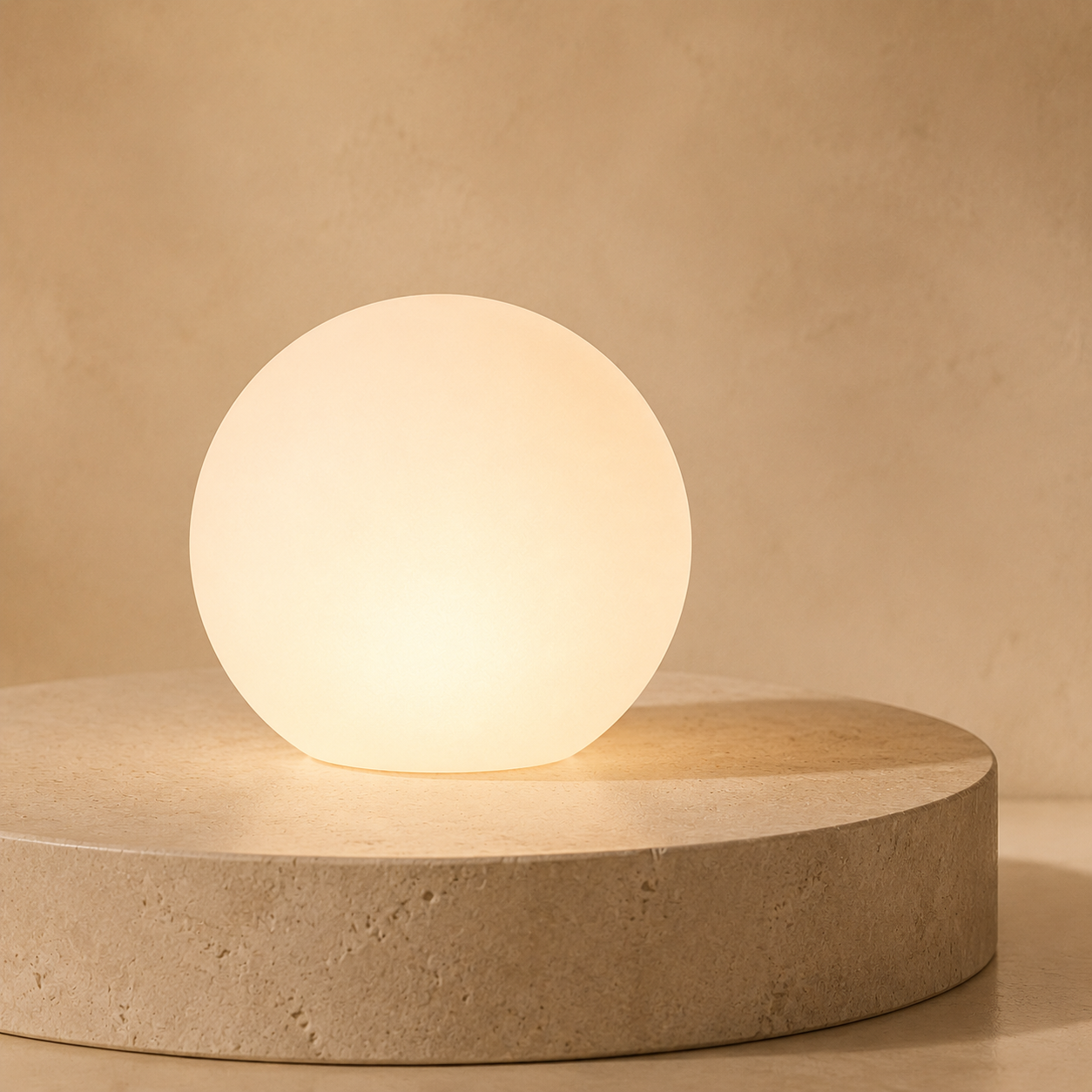 A warm white portable Glorb lamp glowing on a minimalist stone table