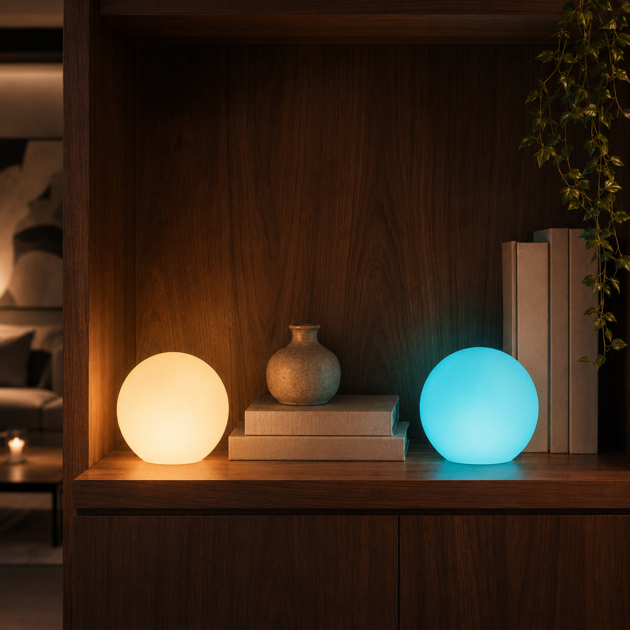 Warm white and blue rechargeable Glorb lamps styled on a dark wood bookshelf