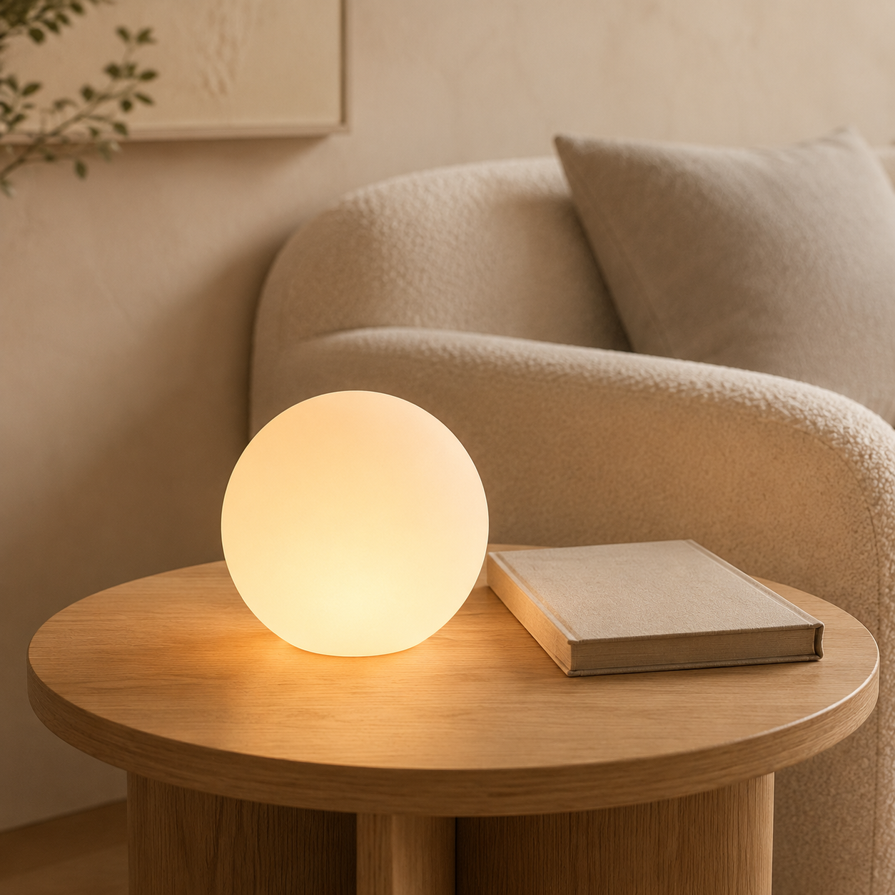 A warm white Glorb lamp creating cozy ambient light beside a modern reading chair
