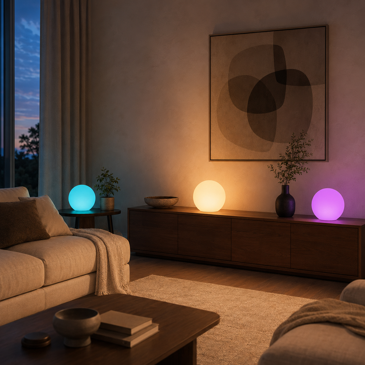 Three colorful Glorb lamps creating cozy ambient lighting in a modern living room